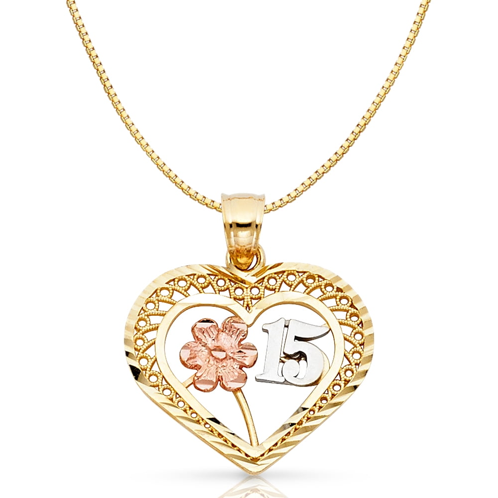 Details about / 14K 3 Tone Gold Quinceanera Heart Charm Pendant /& 0.8mm Box Chain Necklace