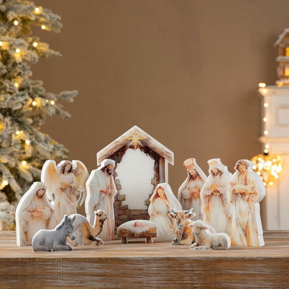 Light Up Resin Nativity Sets for Christmas Indoor with Light Star Hand Painted Tabletop Decor Christmas Nativity Figurines with Stable Xmas Manger Scene