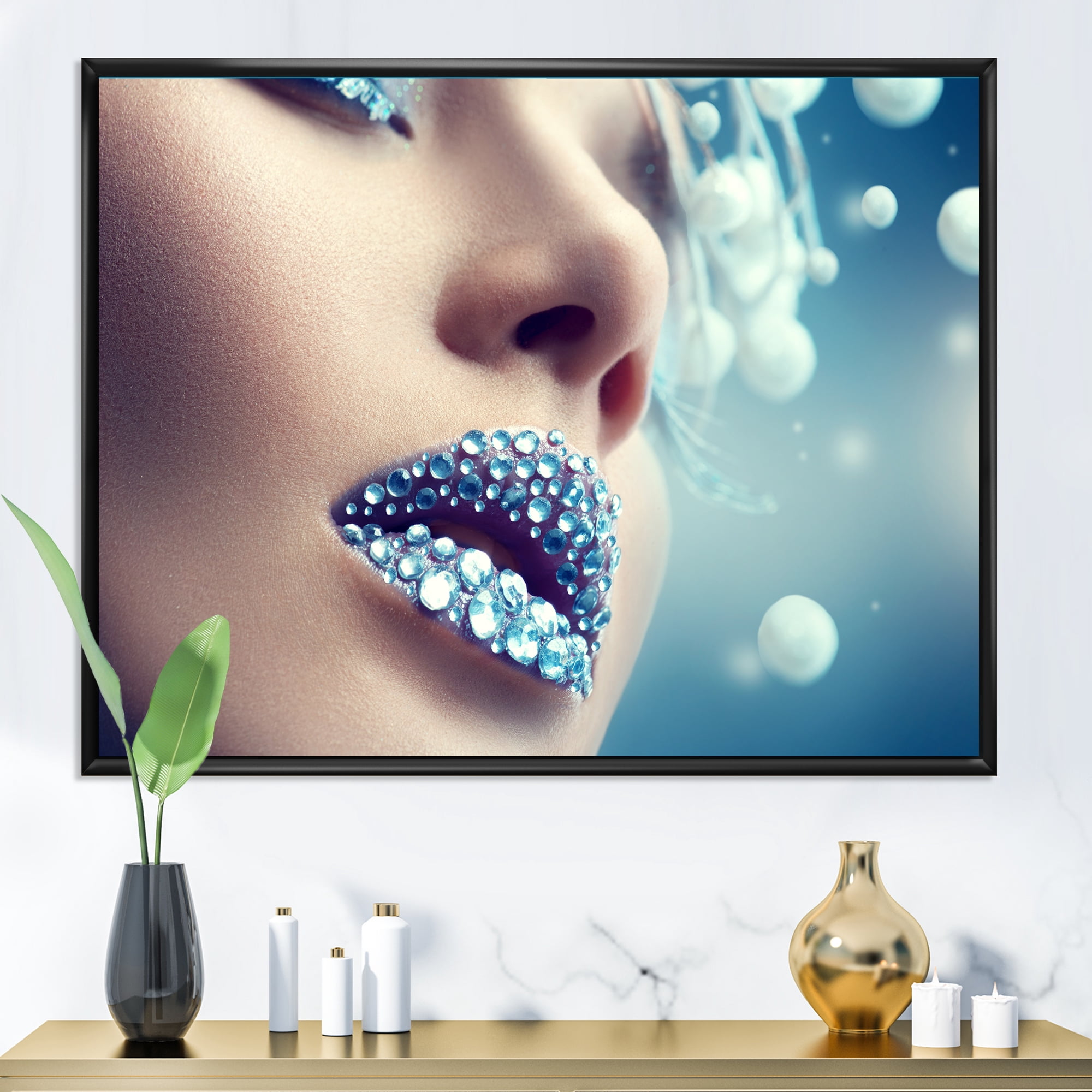 Designart 'Close-Up Of Gems On Female Lips' Modern Framed Canvas Wall Art Print