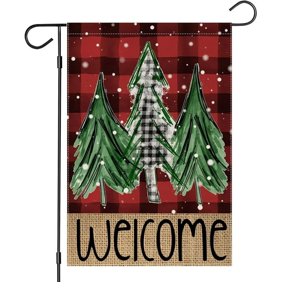 Welcome Christmas Trees Winter Garden Flag 12 x 18 Inch Vertical Double Sided Buffalo Plaid Holiday Yard Outside Xmas Décor