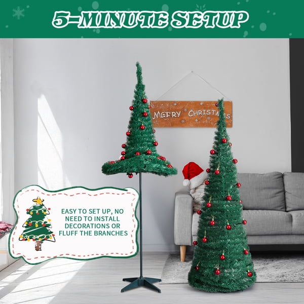 2-Pack Pop-Up Artificial Christmas Trees, 6FT and 5FT Green PVC Trees, for Home, Office, Entryway, Storefront