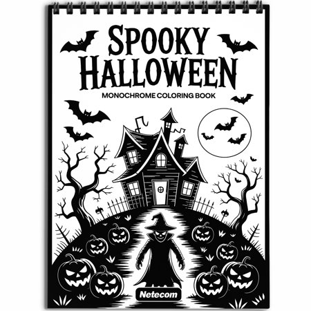 Spooky Halloween Monochrome Coloring Book Spiral Bound for Adults Softcover Relaxing One-Color Illustrations with Haunted Houses Pumpkins Ghost and Bats for Mindfulness Stress Relief
