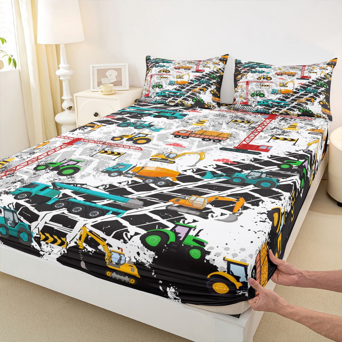 Manfei Cartoon Excavator Vehicle Bed Sheets,Equipment Truck Crane King Sheets,Retro Geometric Circle Sheet Set For Boys,Breathable Home Decor,4-Piece