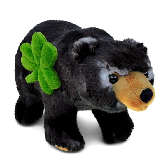 DolliBu Wild Black Bear Stuffed Animal with Green Plush Shamrock, Cute Green Shamrock Plush, Fun St Patricks Day Stuffed Animal Bear, Good Luck St Patricks Day Toys for Kids, Baby - 11 Inches