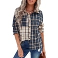 thumbnail image 3 of Seyurigaoka Plaid Shirts for Women Patchwork Color Block Shacket Long Sleeve Button Down Blouse Tops with Pockets Casual Fit Home Office Jacket, 3 of 9
