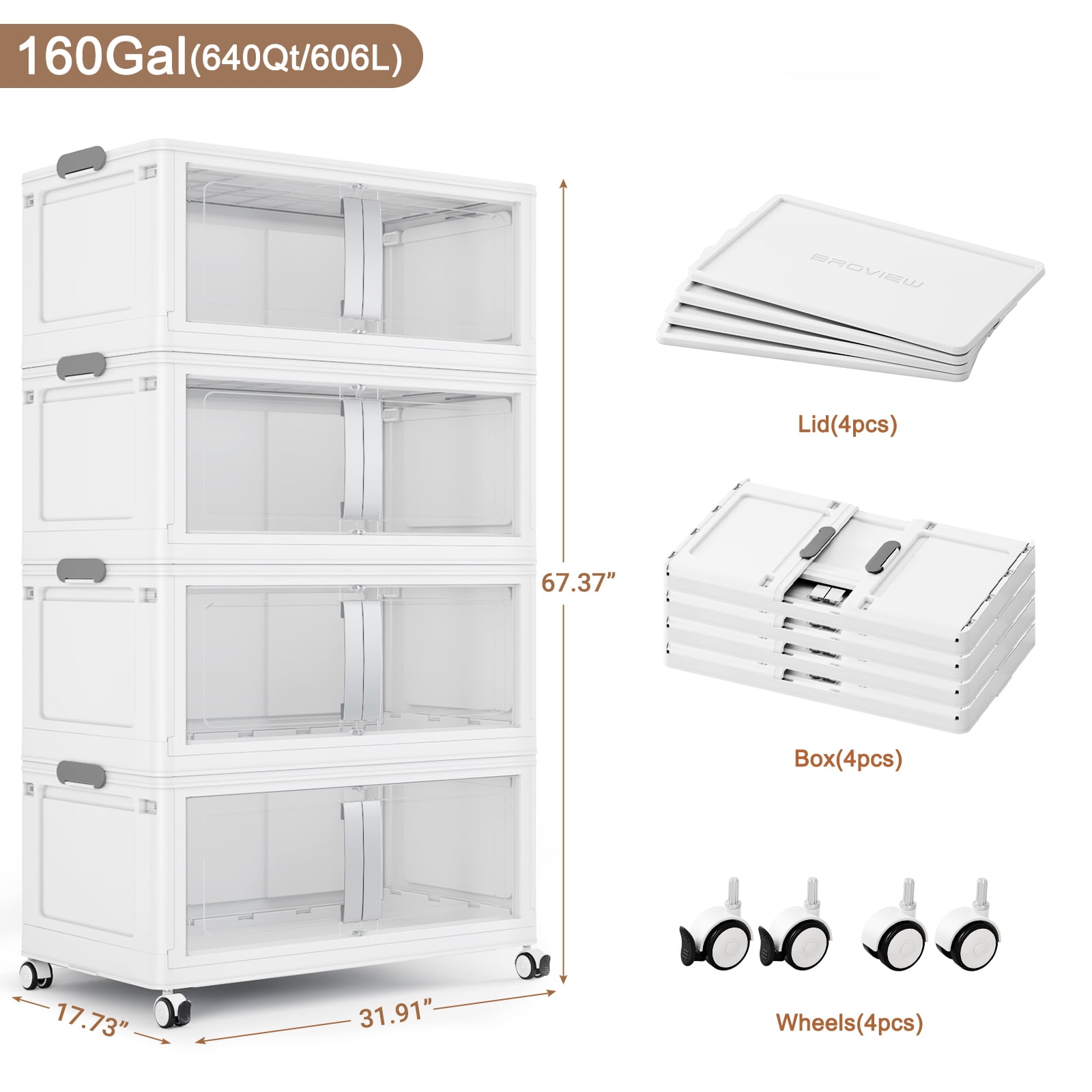 Broview V70 Stackable Storage Bins Extra Large 160 Gallon (640 Quart), Plastic Box, Stackable & Foldable, Clear Doors, Magnetic Closure, 360° Wheels, White 4pack