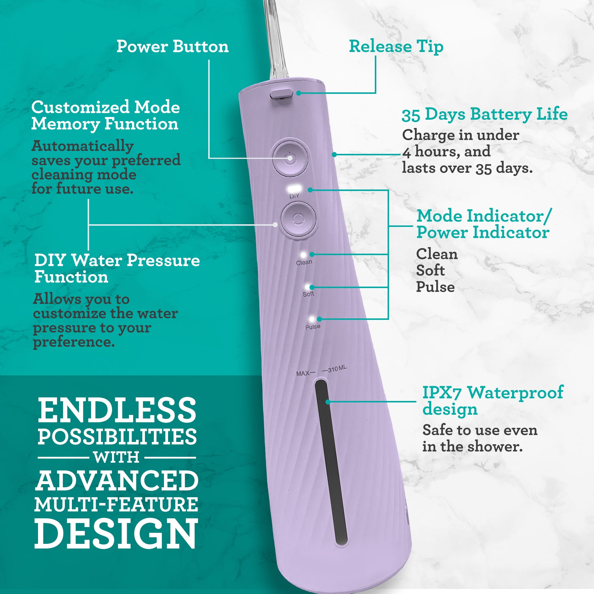 GuruNanda Lion & Lamb Kit 2.0 Electric Toothbrush with Water Flosser, 4 Jet Tips, 4 Brush Heads,Lavender
