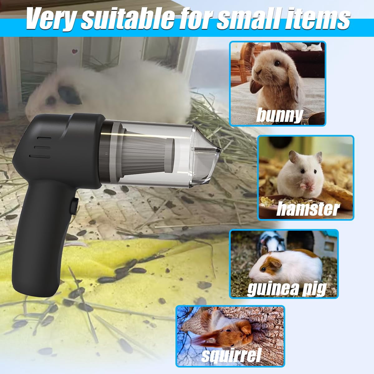 Guinea Pig Handheld Vacuum Cleaner Cage, Guinea Pig cage Cleaner, Rabbit Poop Vacuum, for Lightweight Cleanup of Guinea Pig, Rabbit, Hamster, Chinchilla, Reptile, Bird（Black）