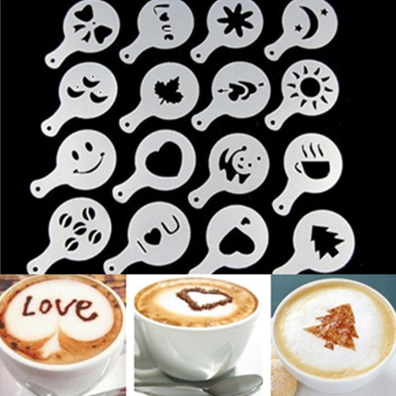Coffee Latte Stencils 16Pcs Barista Art Tool Cappuccino Stencil Cake Duster Kit 