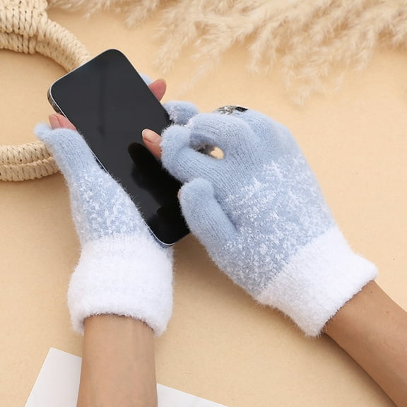 YOHAVEN Christmas Gloves Winter Knit Plush Mittens, Snowflake Tree Pattern Warm Fingerless Gloves for Holiday Party Outdoor Walking Riding Cold Weather