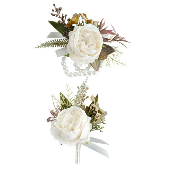 Fabric Wrist Corsage and Boutonniere Set with Champagne Color for Formal Event Business Suit Wrist Flower All Matching