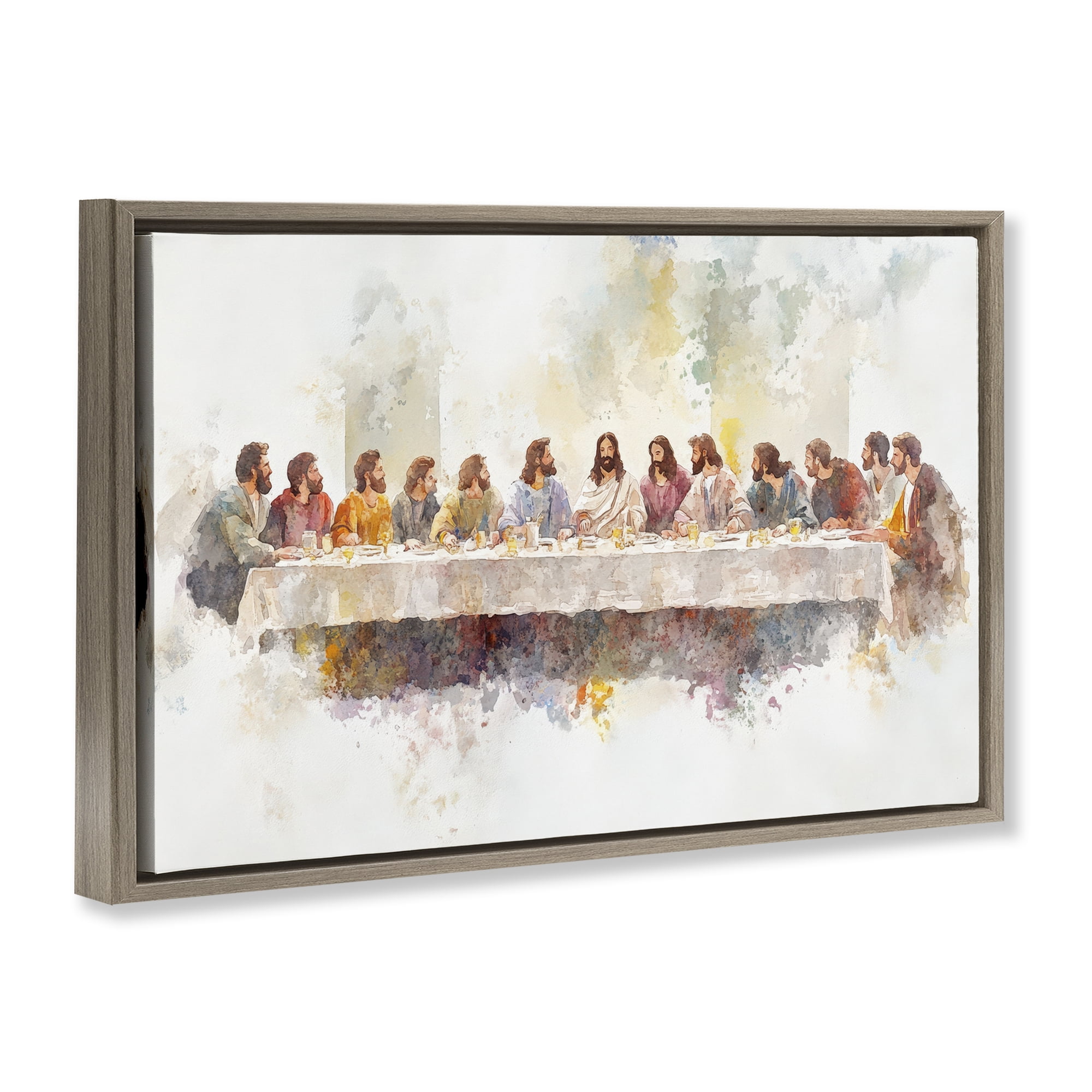 Stupell Industries Watercolor Supper Spirituality Brown Framed Floater Canvas Wall Art, design by Petal Prints Design