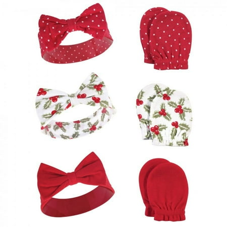 UPC: 0660168565522 | Hudson Baby Infant Girl Cotton Headband and Scratch Mitten 6pc Set  Holly  0-6 Months