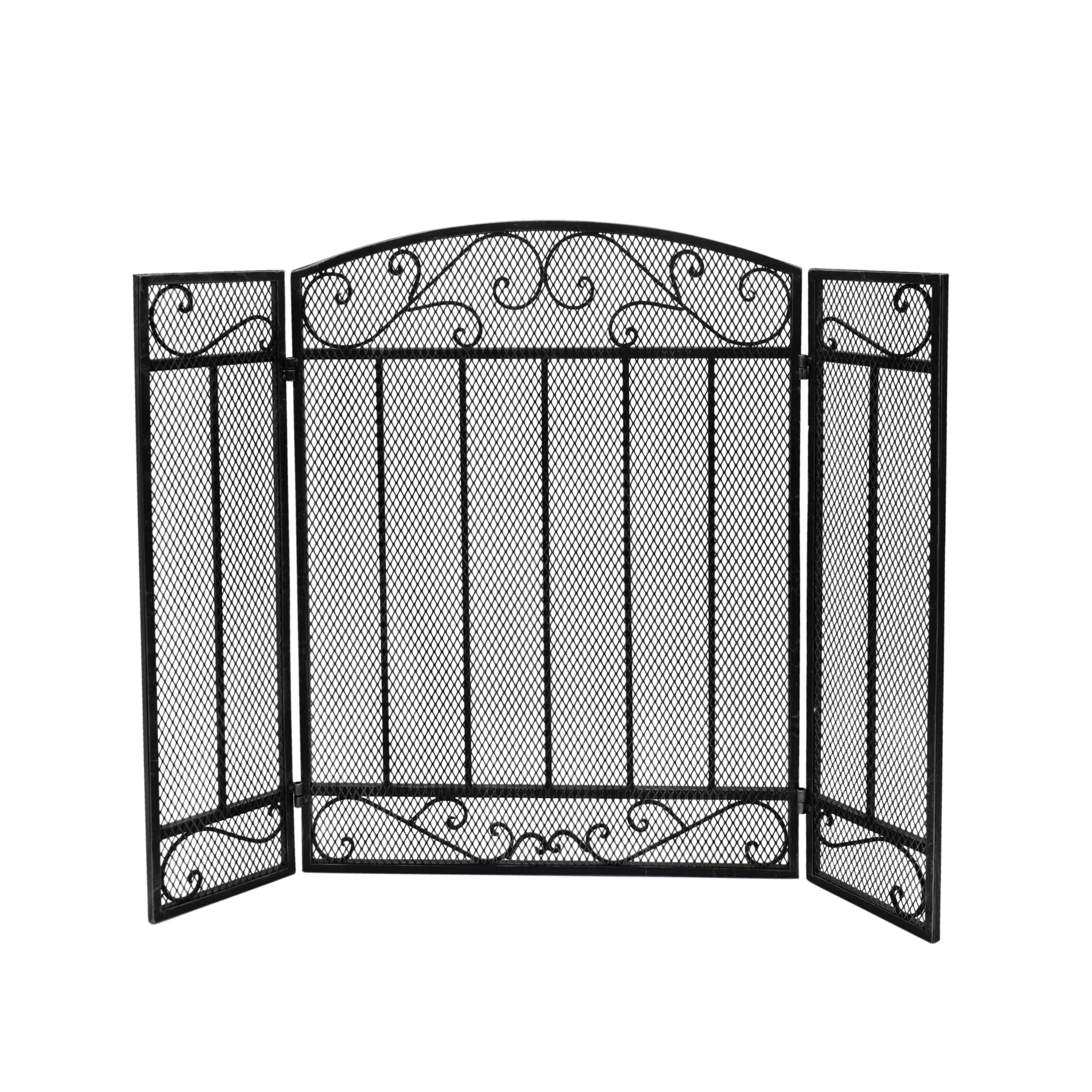 Noble House Andi Contemporary Three Panel Iron Firescreen, Black Silver Finish