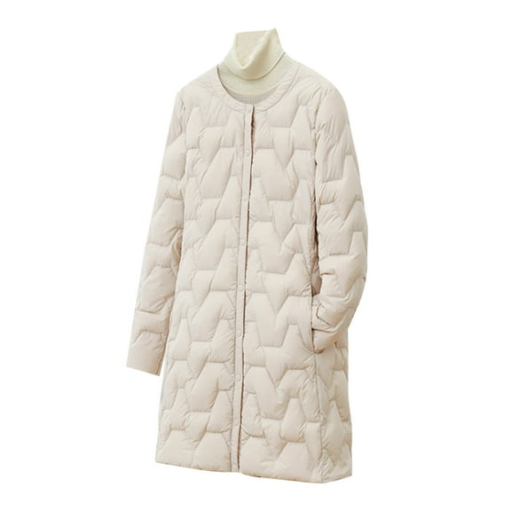 Lovskoo Winter Coats for Women Quilted Jacket Cotton Padded Jacket Lightweight Mid-Length Slim Large Size Thin Jacket Beige