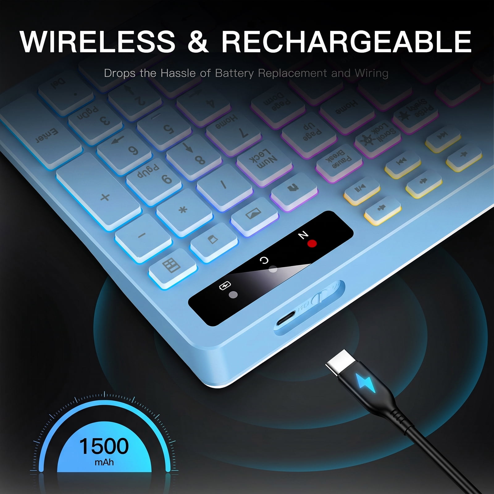 Wireless Keyboard with 7-Color RGB Backlit, Marvo Full-Size Computer Keyboard with Phone Tablet Holder, Rechargeable 2.4G Wireless Gaming Keyboard with Light up Keys, Compatible with Mac,Window, Blue