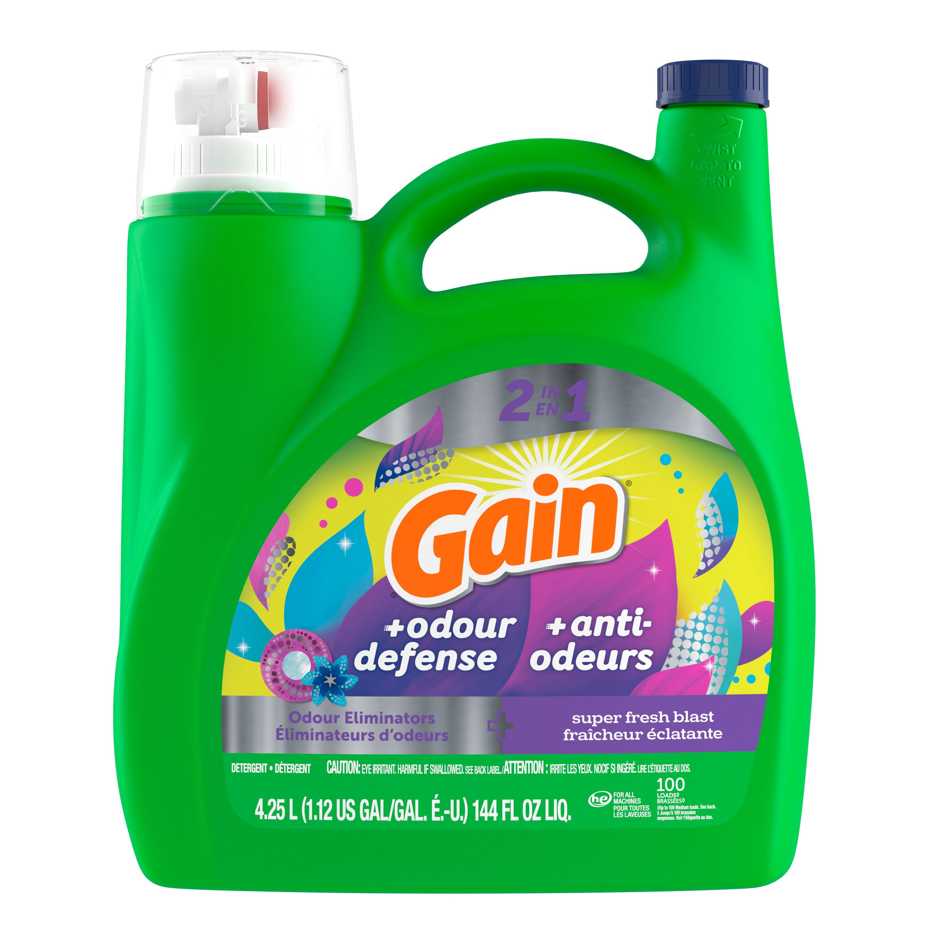 Gain Odour Defense Liquid Laundry Detergent, Super Fresh Blast Scent, 4.2 L, 100 loads, 2 in 1, Laundry Detergent Liquid Soap, HE compatible