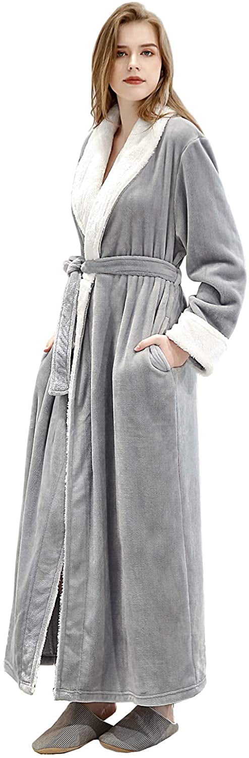 ZAKASA Womens Plush Long Robes Warm Soft Fleece Bathrobe for Winter Grey/Pink/Coffee M/L/XL