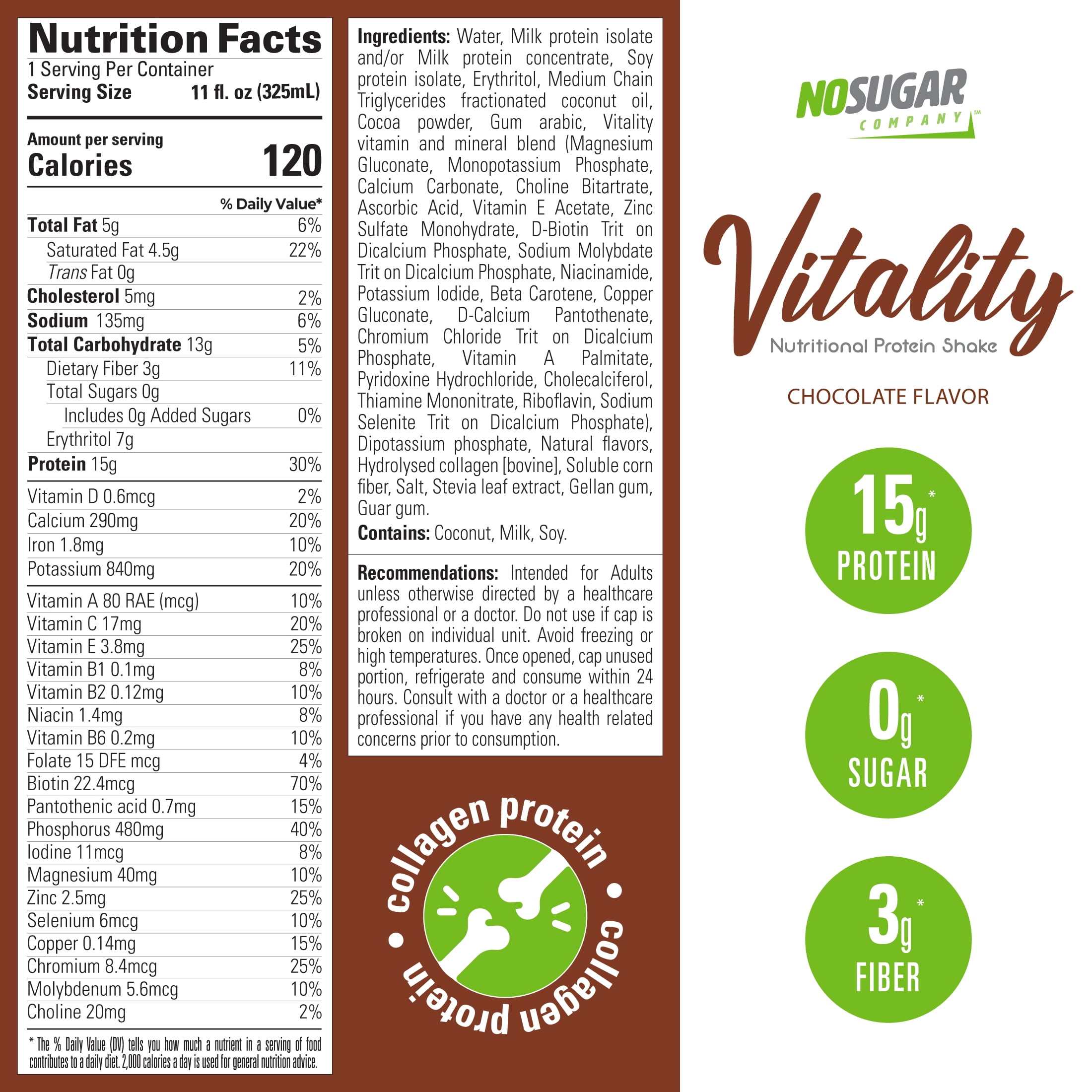 (2 pack) No Sugar Company Vitality Ready to Drink Nutritional Shake, Chocolate Flavor, 4 Count, 11 fl oz