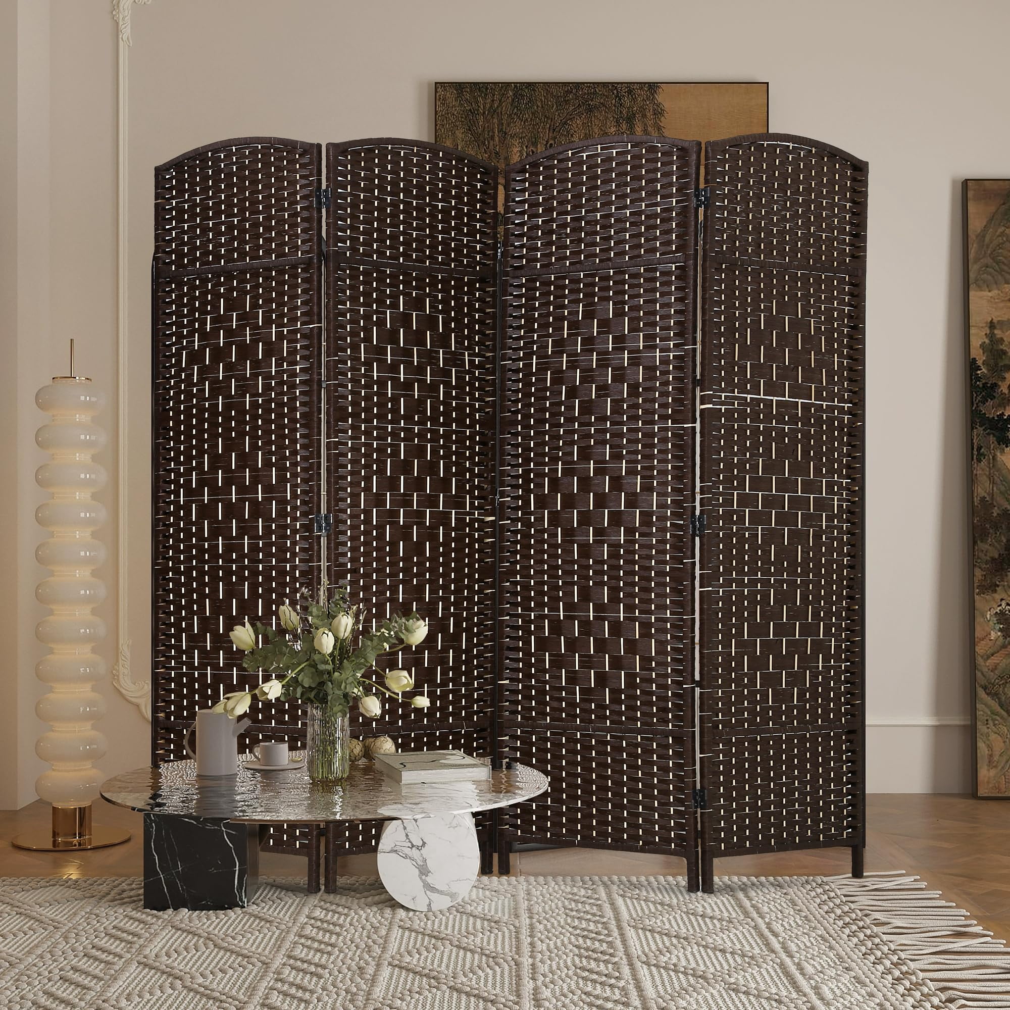 YRLLENSDAN 6ft Tall Room Divider Screen with 4 Panels, Wood Room Dividers and Folding Privacy Screens, Wall Divider for Livingroom, Brown