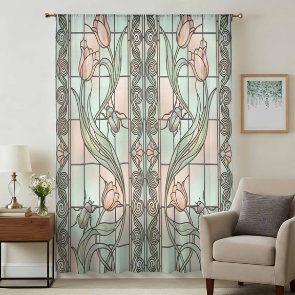 Stained Glass Sheer Curtains 108 Inches Extra Long, Vintage Colorful Flower Animal Textured Light Filering Curtains, Privacy Drapes Simi Floor to Veiling Curtain for Living Room Window Treatment