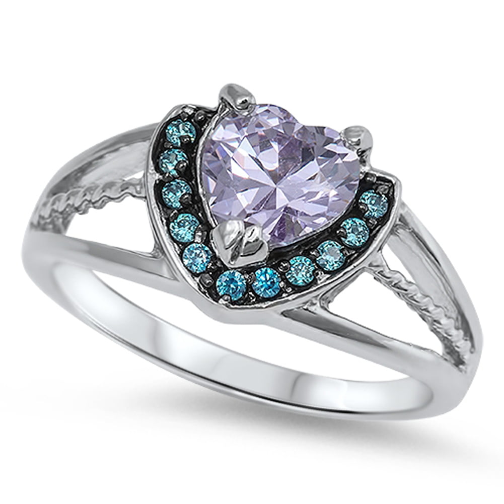 Heart Love Lavender Alexandrite CZ Engagement Blue Opal Sterling Silver Ring 