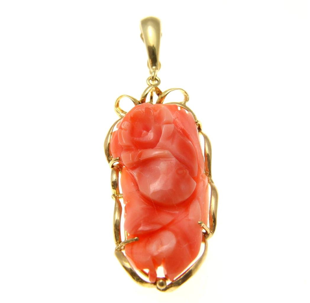 Geniune natural pink coral carved flower pendant enhancer 14k yellow gold 15mm by