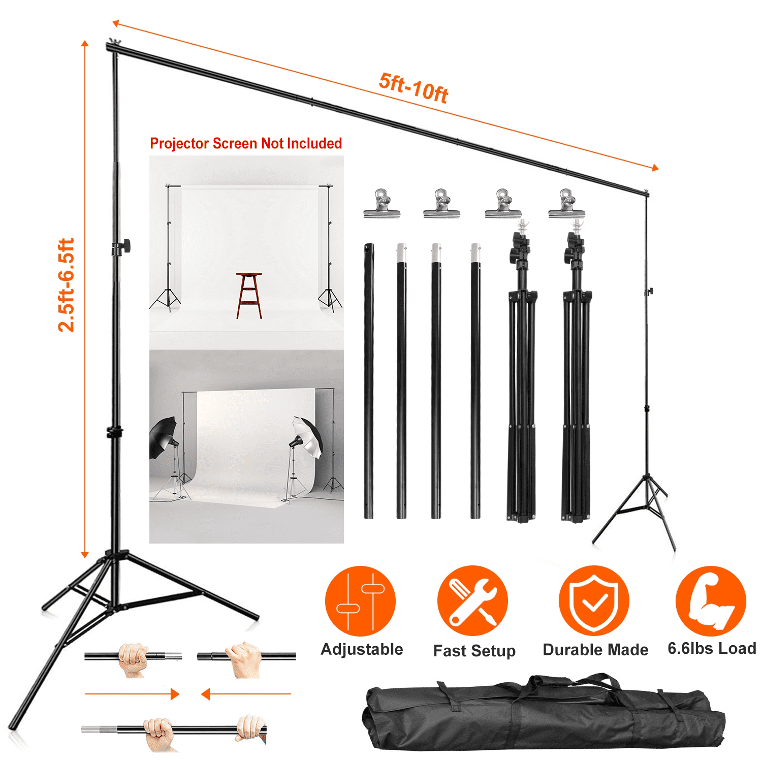 Zorpupoa Heavy Duty Adjustable Photo Backdrop Stand 6.5x10FT with Carry Bag and Clamps for Studio Photo Video Shooting