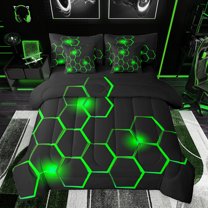 jejeloiu Modern Abstract Geometric 7 Pieces Bedding Comforter Set,Neon Honeycomb Hexagon Full Bedding Set,Green Black Fitted Sheet Flat Sheet For Boys Kids,Microfiber Bedroom Decor Reversible
