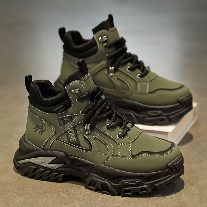 Men'S High-Top Hiking Boots - Four Seasons Outdoor Hiking Shoes, Urban Leisure Wear - Lace-Up Ankle Support Design Lightweight Breathable Non-Slip PVC Sole, Black, Green, Khaki / Camping,
