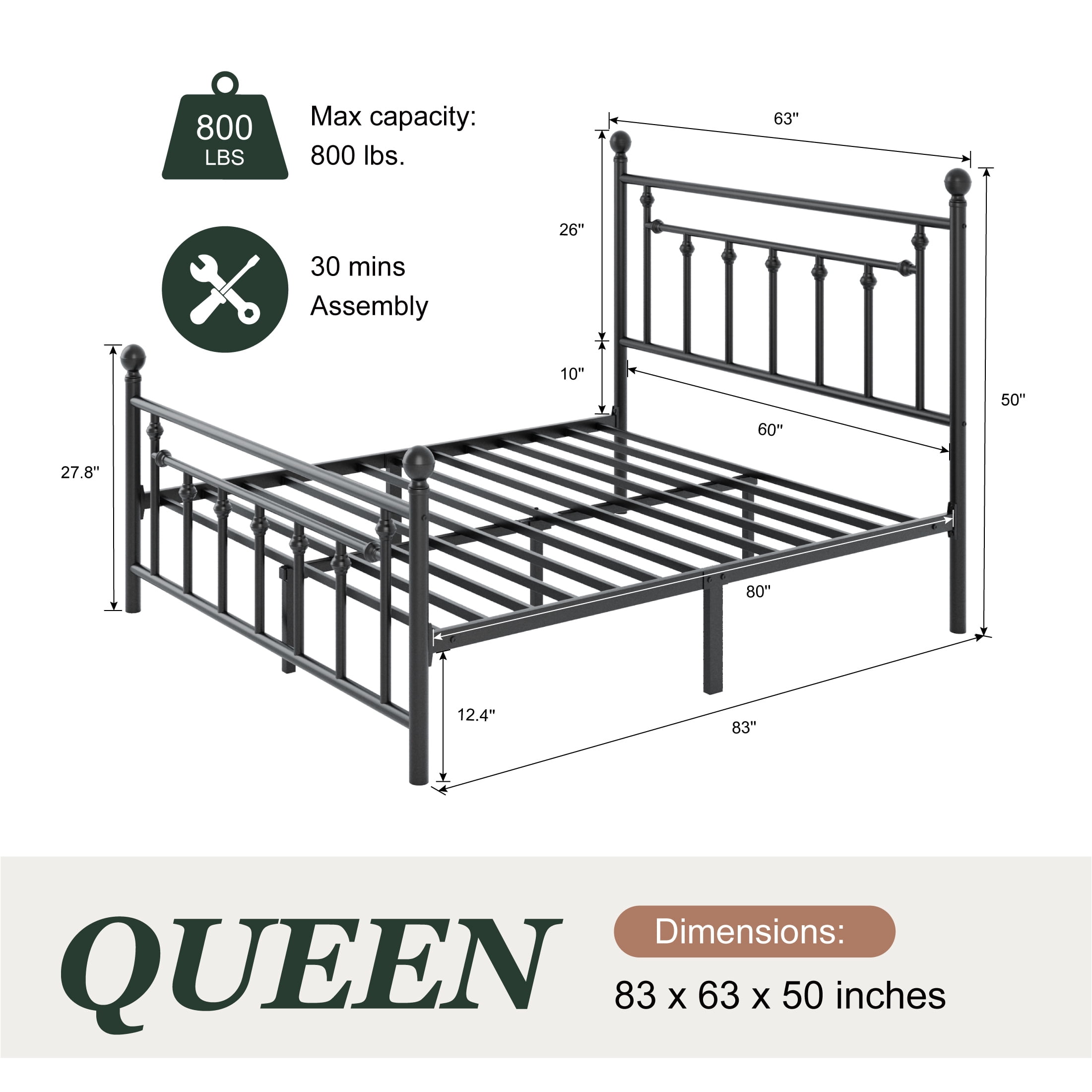 Amolife Queen Bed Frame, Metal Platform Bed Frame with Vintage Pattern Headboard, Black