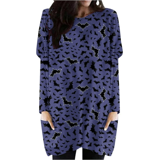 Blusa suelta informal de manga larga con cuello redondo y bolsillo para mujer, Tops estampados de Halloween Pompotops hdfakjf4482