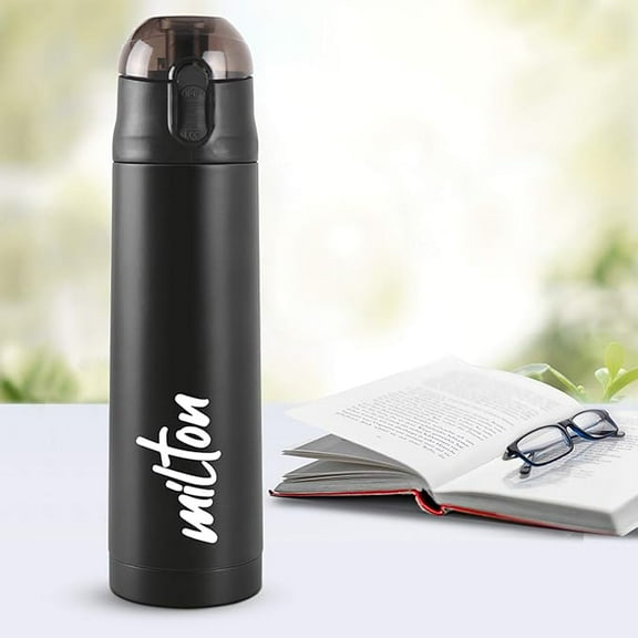 Milton New Crown 900 Thermosteel Water Bottle 750 ml with One Touch Safety Lock, 24 Hours I Black