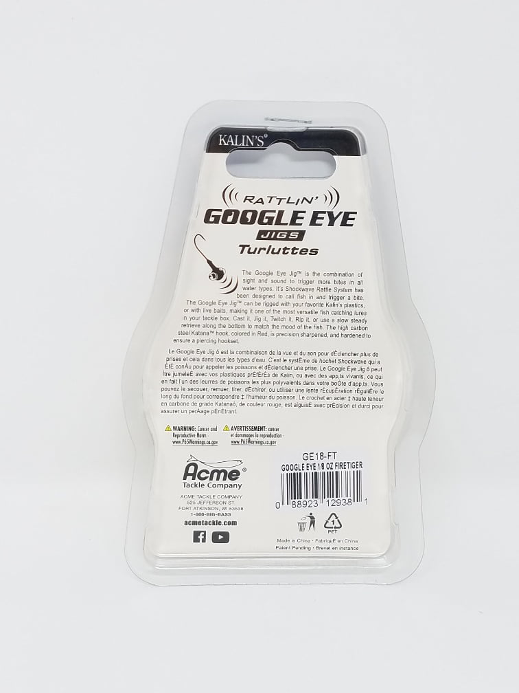 Acme Tackle Kalin's Google Eye Rattlin Soft Plastics Fishing Lure Jig  Firetiger 1/8 oz. 3 Pack 