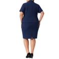 thumbnail image 3 of Conjunto de traje de oficina para mujer de talla grande de 2 piezas, blazer de manga corta con falda lápiz, con botón, 1X, azul marino, 3 of 6