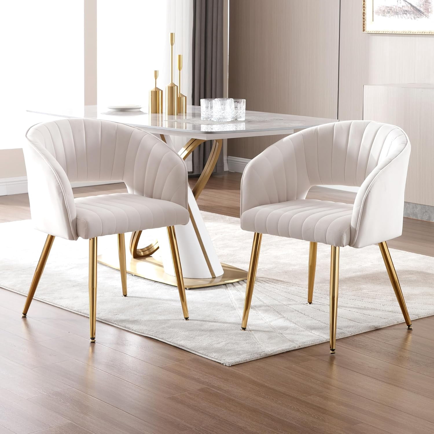 Westice Velvet Home Office Desk Chair, Modern Tufted Vanity Chairs with Gold Metal Legs, Upholstered Accent Armchair for Living Room Restaurant, White