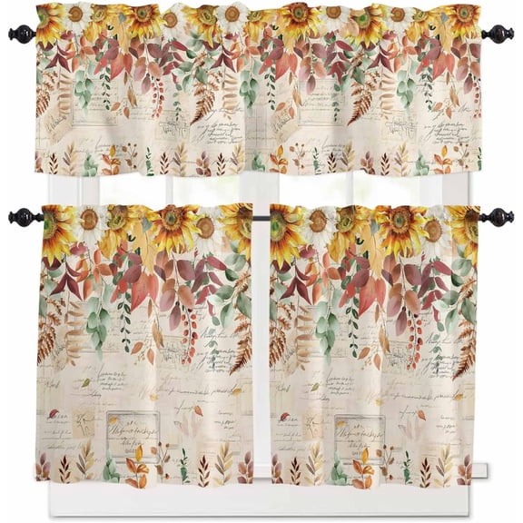 Eucalyptus Leaves Fall Kitchen Curtains, Thanksgiving Sunflower 3-Piece Kitchen Curtain Valance and Tiers Set 36 Inch Length, Vintage Rod Pocket Half Window Curtains for Cafe Living Room Bathroom