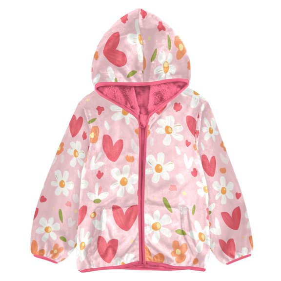 BZSMCE Double-Sided Sherpa Fleece Hooded Zipper Jacket Pink White Flower Hearts Pattern Print Warm Outerwear