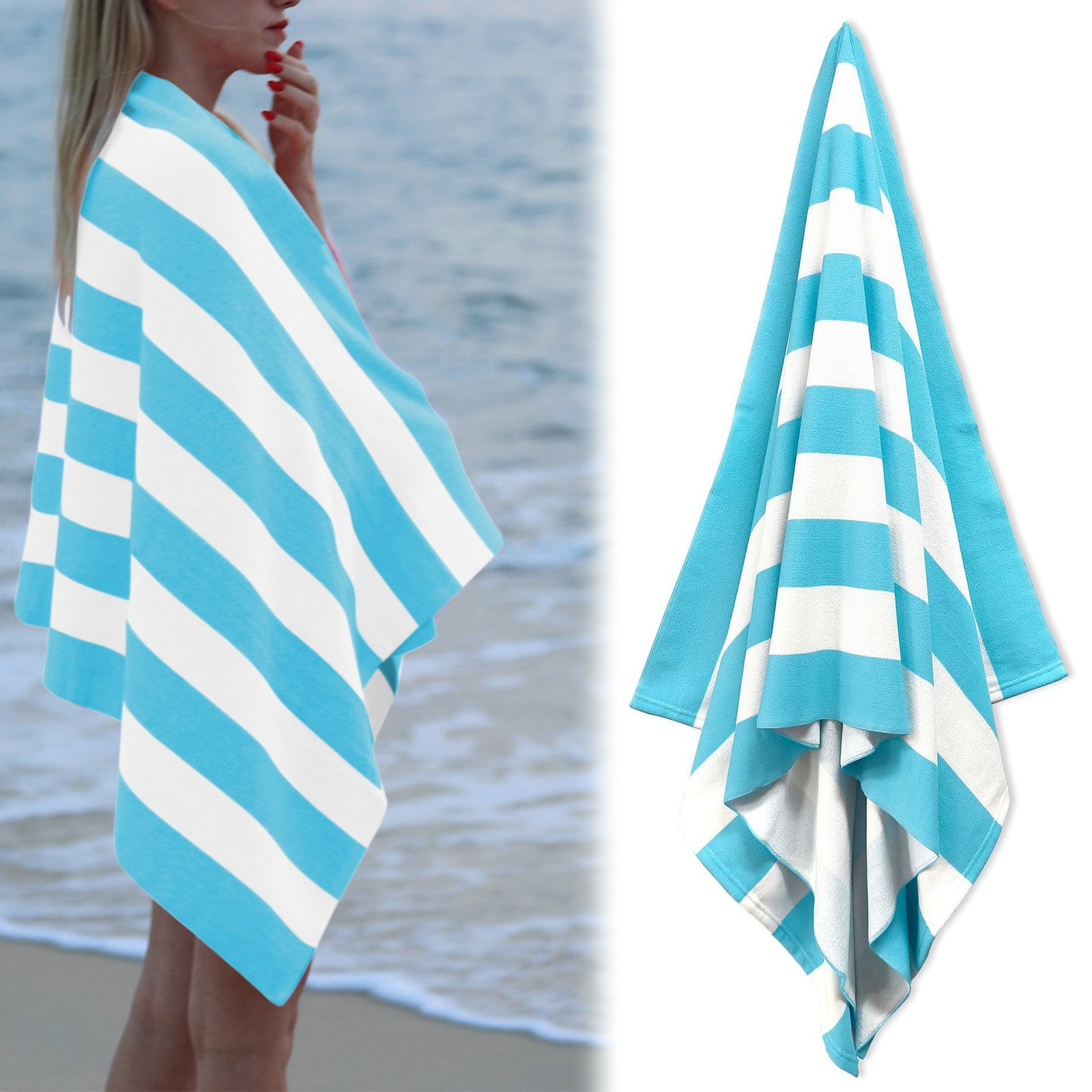 Large Oversized Beach Towel - Big Size Cotton 35 x 70 Inch Striped Pool Towel, Large Cabana Soft Swimming Towel for Adult Men Women, (Light Blue)