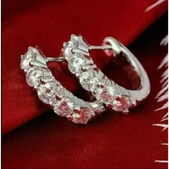 2.10 Ct Round Cut Lab Created Diamond Huggie Hoop Earrings 14K White Gold Plated