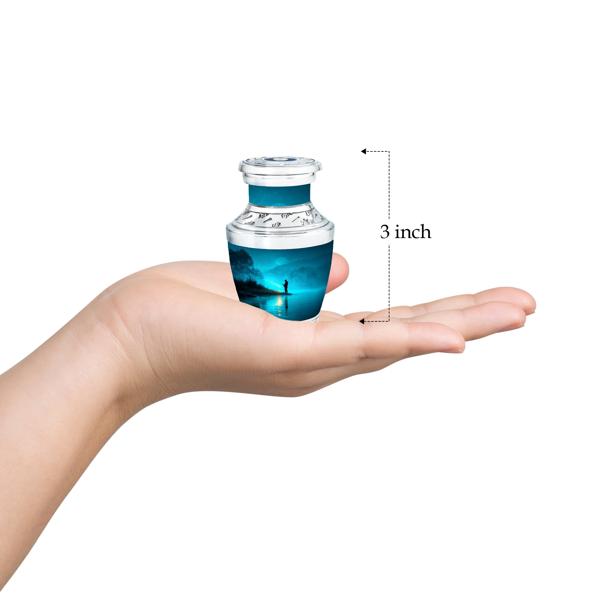 MUKTIVE Fishing Silhouette Keepsake Cremation Urns for Human Ashes - Blue, Evening Small Burial Urn for Adult Human Ashes - Decorative Cremation Containers - Remembrance Gift for Loss of Mom (3 Inch)
