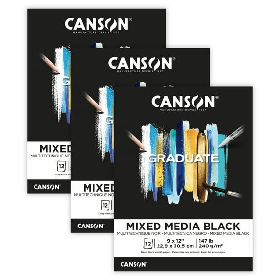Canson Graduate Mixed Media Pad, Black, Foldover Binding, 12 Sheet, 9x12 inch, Pack of 3