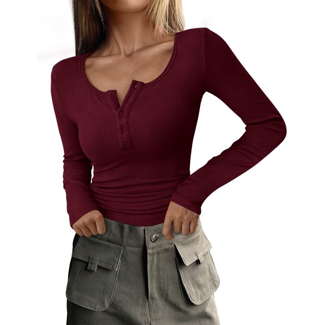 Remera PRETTYGARDEN 2025 Otoño Manga Larga Henley Rojo Vino M