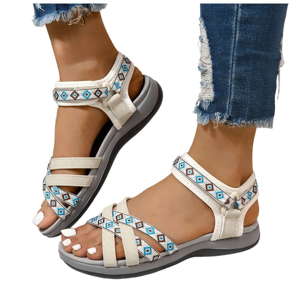 Rokment Ethnic Athletic Orthotic Walking Sandals for Women Bohemian Beach Comfortable Open Toe Ankle Strap Low Heel Dress Summer Shoes with Arch Support Beige Size 6.5