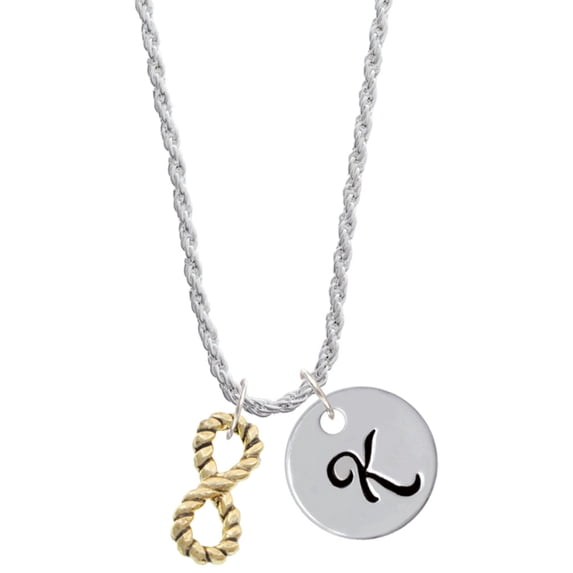 Delight Jewelry Goldtone Infinity Rope Silvertone Script Initial Disc - K - Charm Necklace, 20"+3"