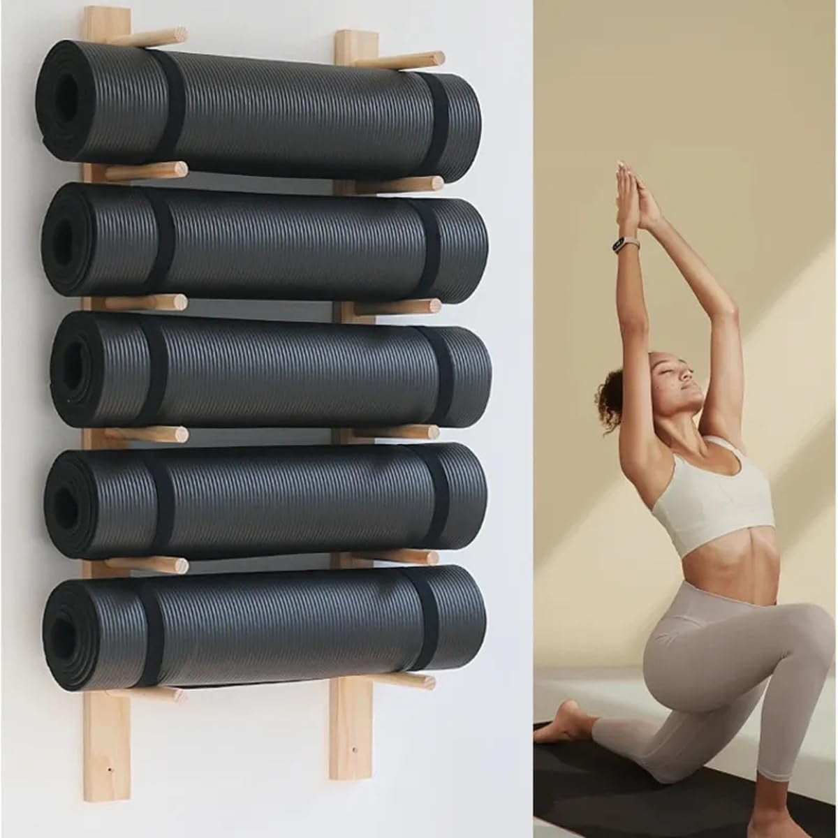 Wooden Yoga Mat Holder Wall Mount, 3 /6/9layer Wall HangingYoga Mat Storage Rack As Shoe Hanger, Yoga Mat Organizer, Or Gym Shelf For Home Gym