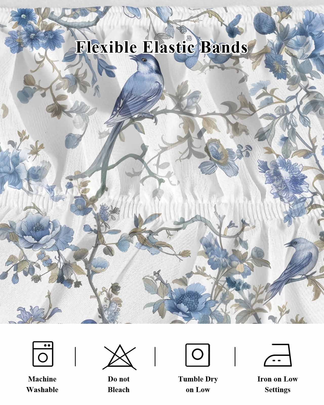 Blue Floral Birds Wrap Around Bed Skirts for King Bed 16" Drop, Bed Skirt with Adjustable Elastic Belt Dust Ruffle Bed Valance for Bedroom Hotel Luxury Farmhouse Flowers Pastoral Bed Frame Cover
