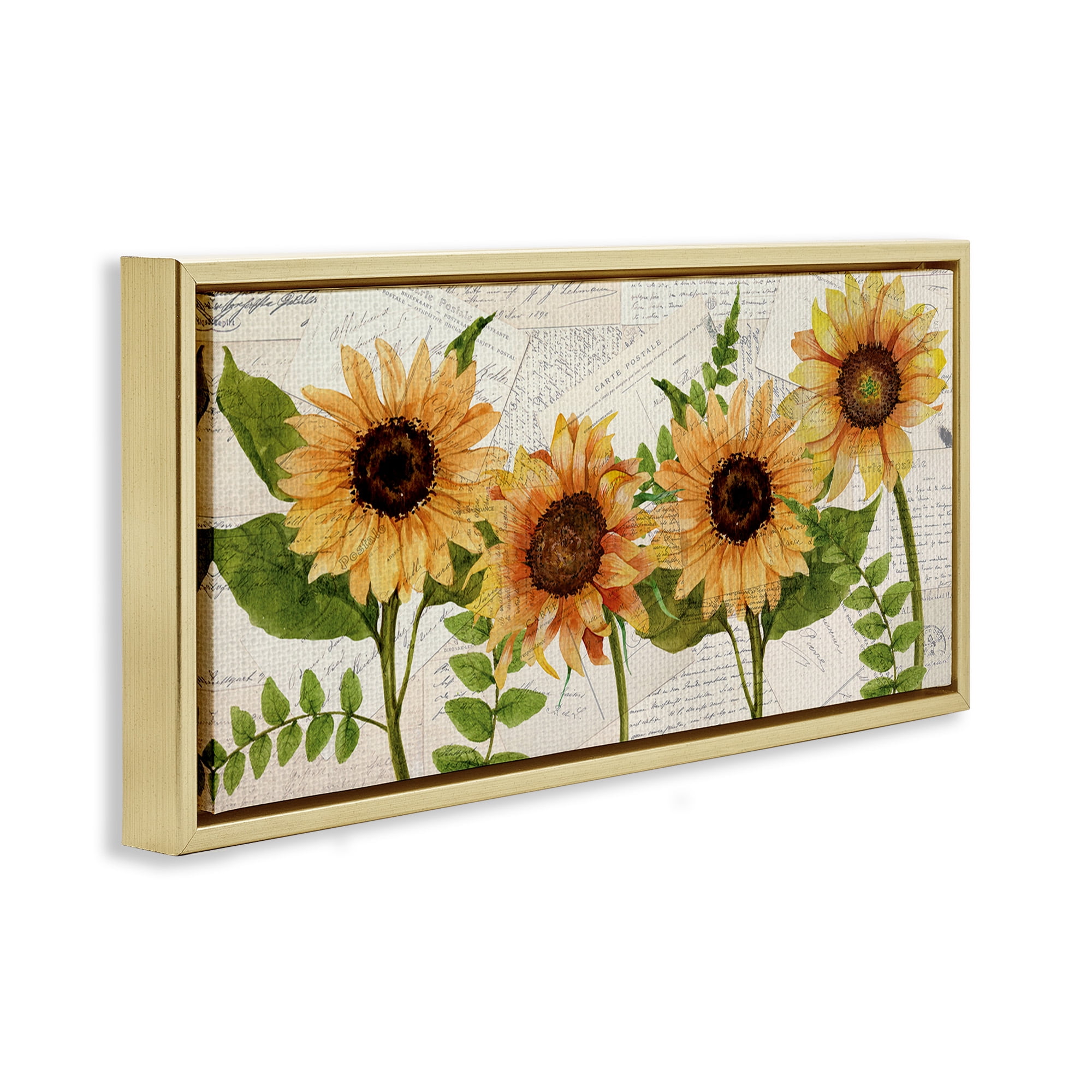 Stupell Industries Vintage European Postcard Collage Botanical & Floral Painting Gold Floater Framed Canvas Art Print Wall Art, 25 x 11