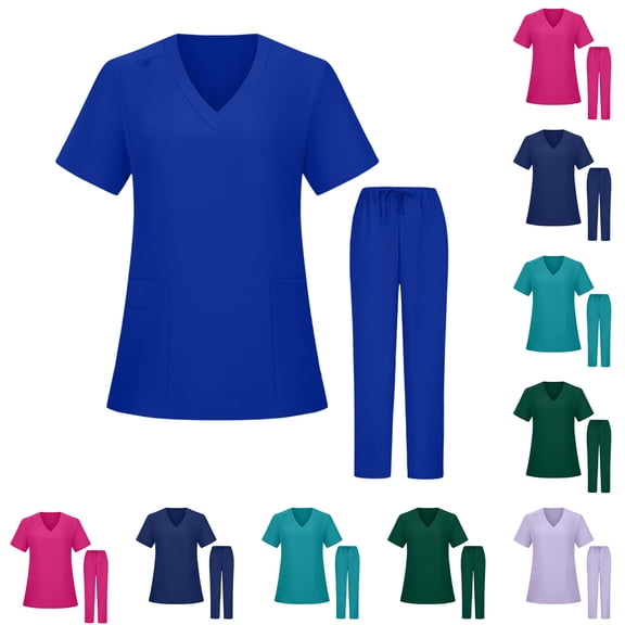 Minjewel Women's V-Neck Short Sleeve Nursing Top & Pants Scrub Set with Functional Pockets, Professional Scrubs for Women in Healthcare & Caregiving,Dark Green L