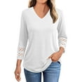 thumbnail image 4 of Linen V Neck Tee Shirts for Women Hollow Out 3/4 Sleeve V Neck Loose Casual Summer T Shirts Solid Pullover Tunic Tops New B-White L, 4 of 9